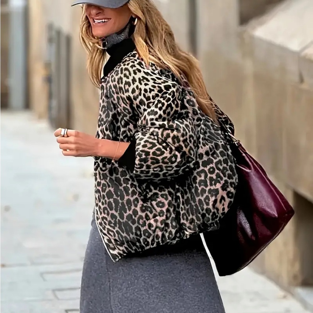 Women's Burgundy Bomber Jacket with Leopard Trim - Picture 3 of 7